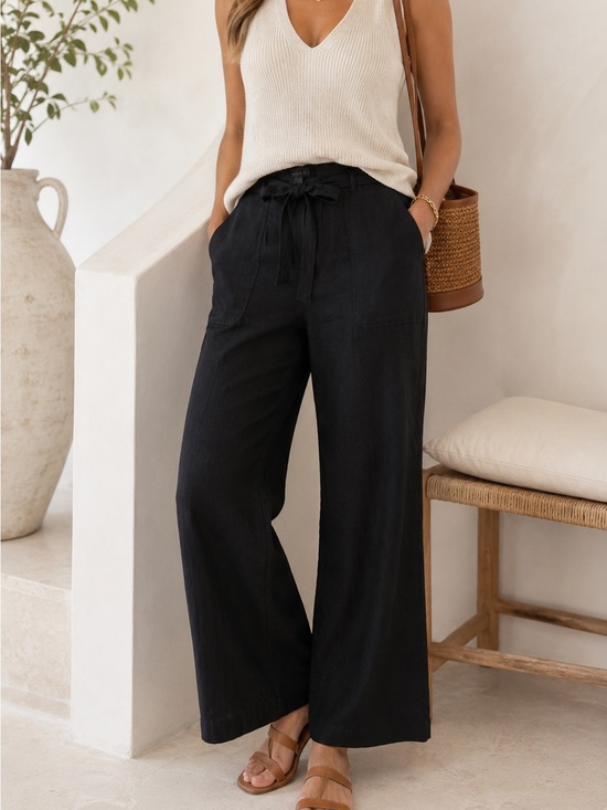 Banana Republic Pants - Banana Republic 100% Linen Black Tie Waist Wide Leg Pants 6 Coastal Quiet Luxury